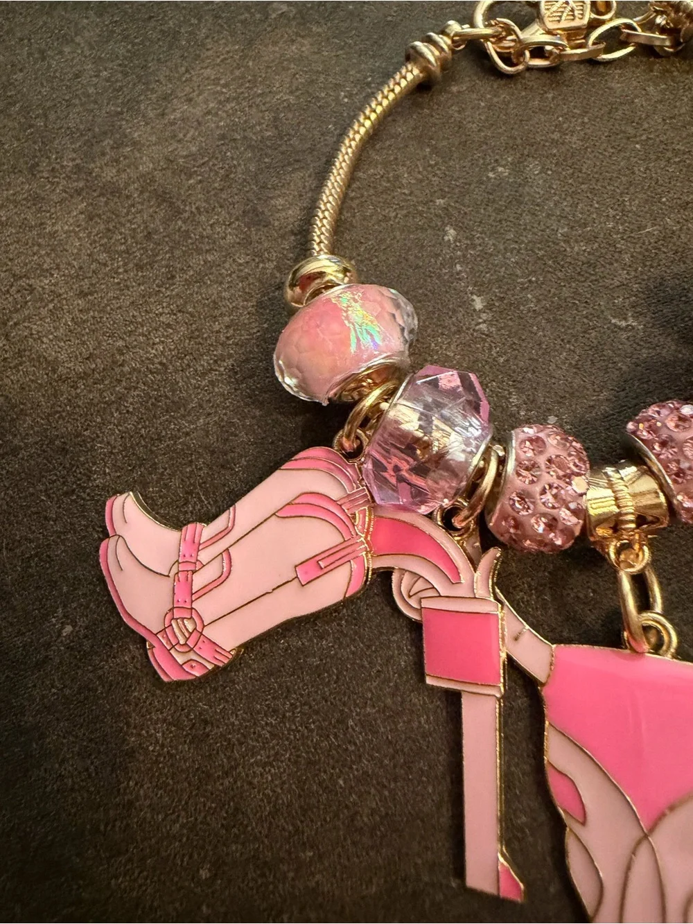Gold-Tone Pink Charm Bracelet with Crystal Beads